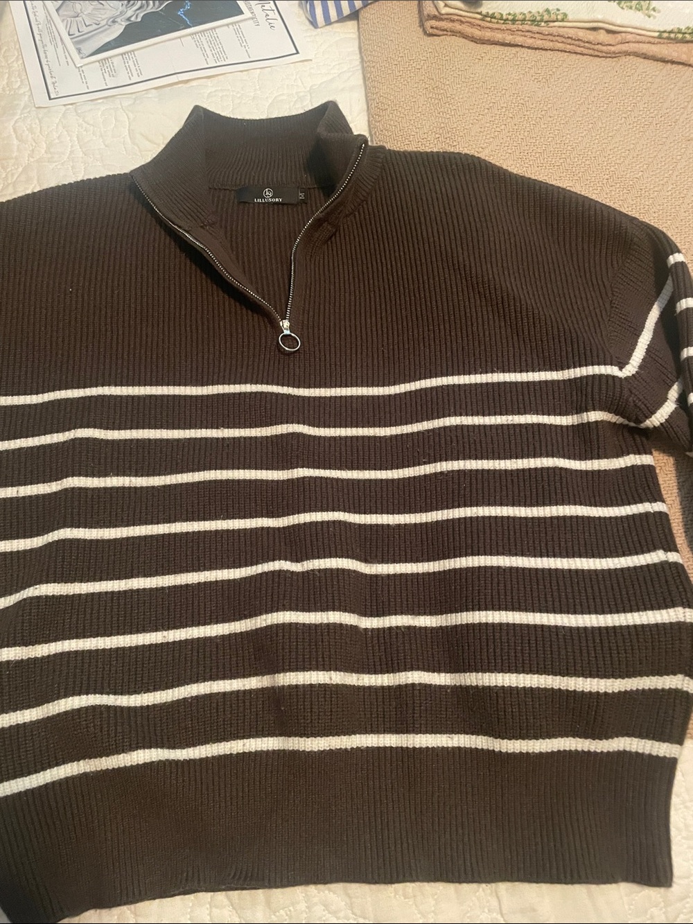 Women’s  Half-Zip Ribbed Sweater with White Stripes - Black